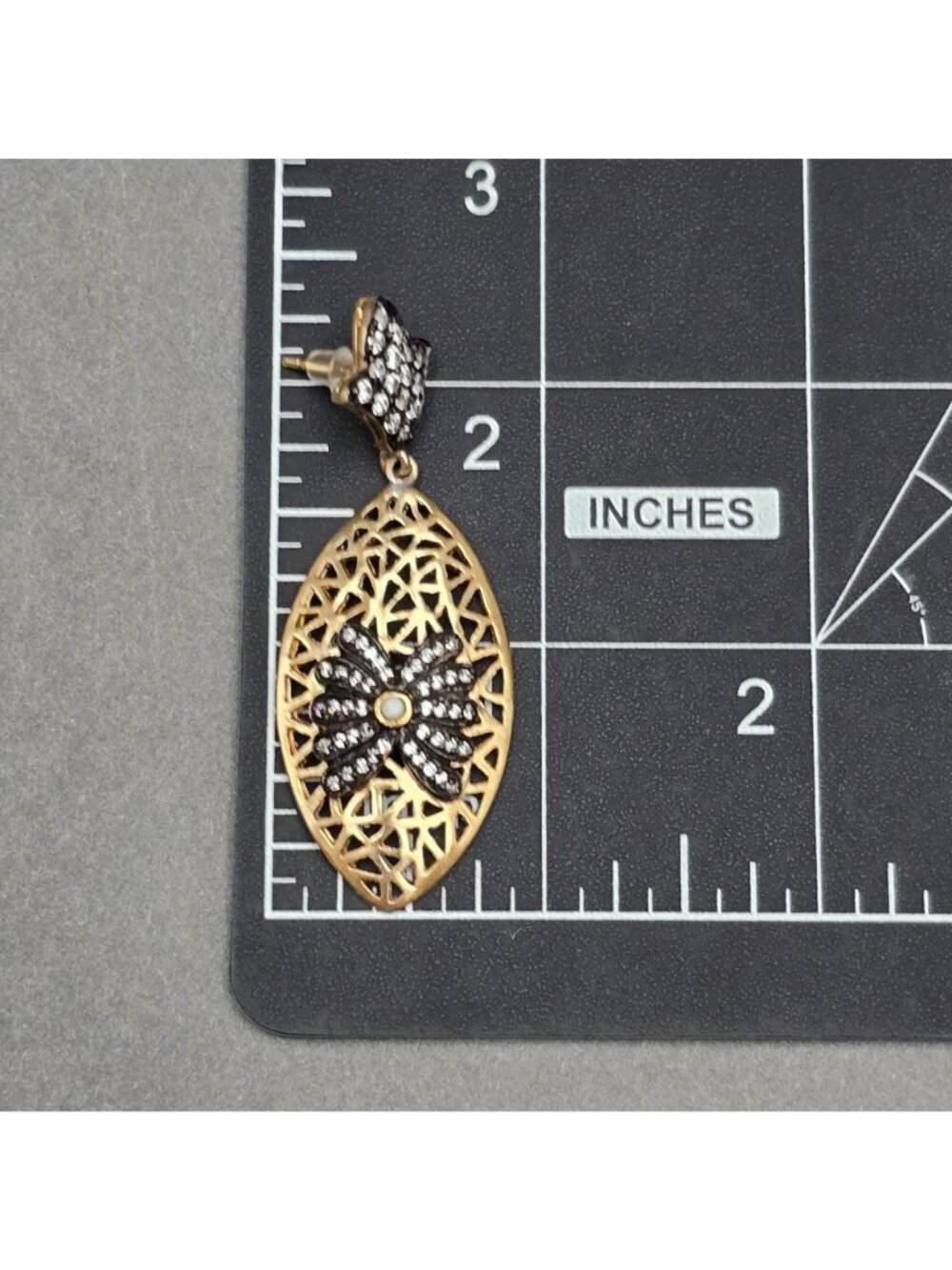 Esha Gold Plated Rhinestone Filigree Dangle Earrings 2.25" Designer Modern Post - Picture 9 of 11